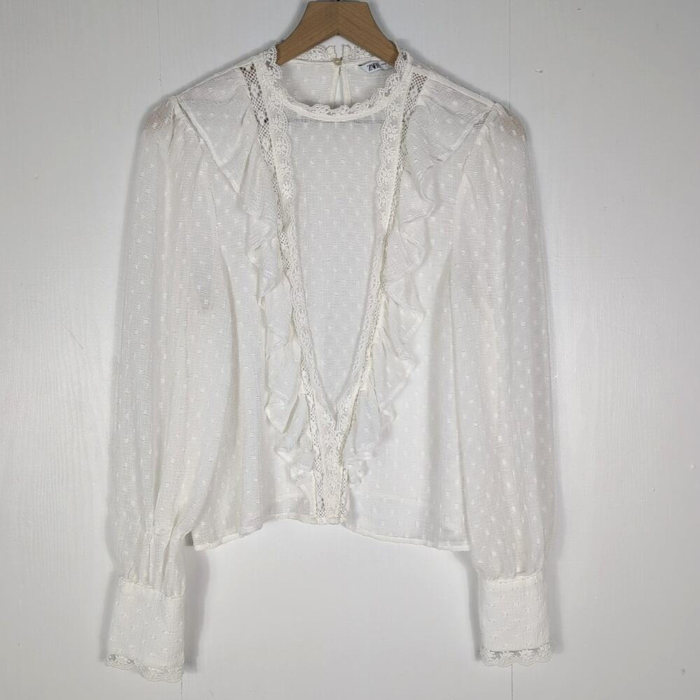 Zara Women’s M White Sheer Polka Dot Lace Ruffle Long Sleeve Blouse Boho Cottage